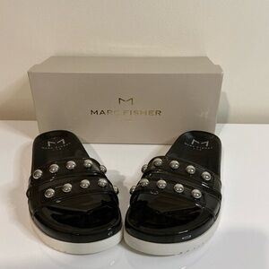 Marc Fisher Black Slide Sandals with Silver Accents